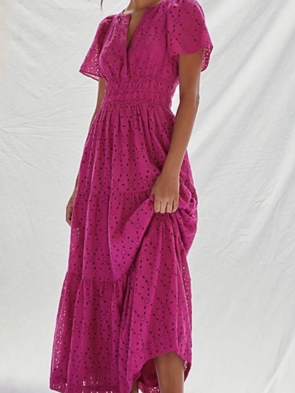Maeve Fuchsia Eyelet Smocked Waist Maxi Dress
